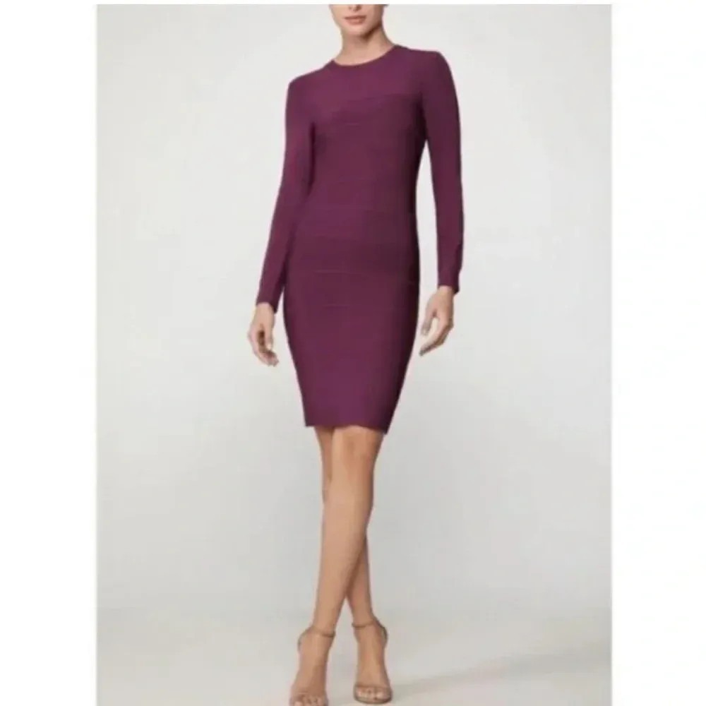 Herve Leger Dress Womens Medium Purple‎ Long Sleeve Bandage Bodycon Knee Length